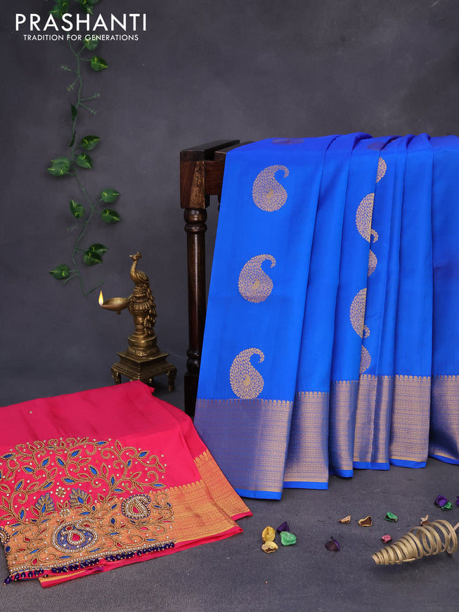 Pure kanchipuram silk saree blue and pink with paisley zari woven buttas and zari woven border & embroidery work blouse