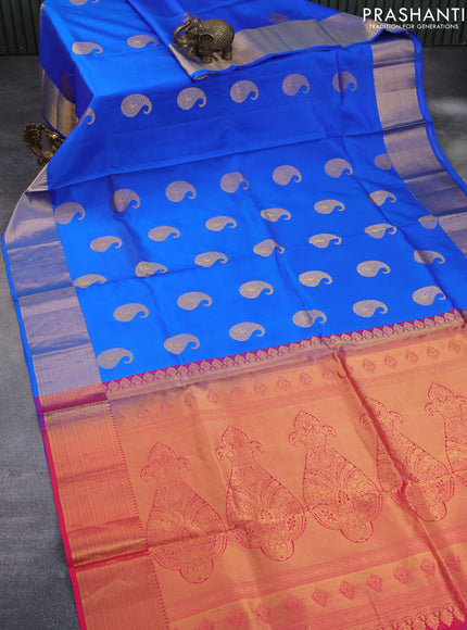 Pure kanchipuram silk saree blue and pink with paisley zari woven buttas and zari woven border & embroidery work blouse