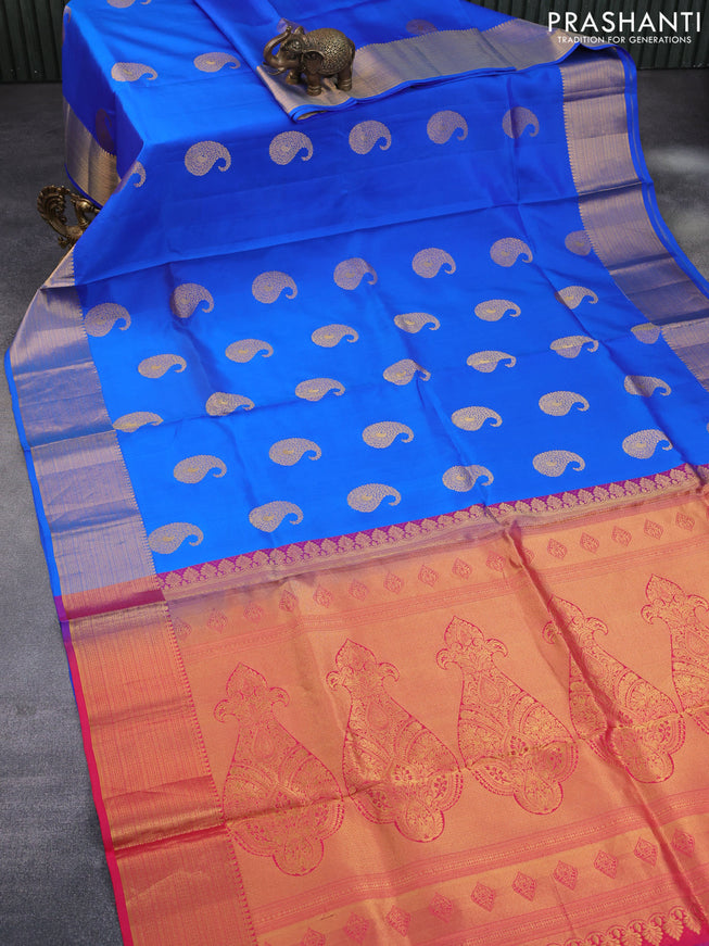 Pure kanchipuram silk saree blue and pink with paisley zari woven buttas and zari woven border & embroidery work blouse