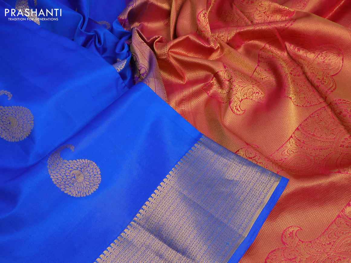 Pure kanchipuram silk saree blue and pink with paisley zari woven buttas and zari woven border & embroidery work blouse