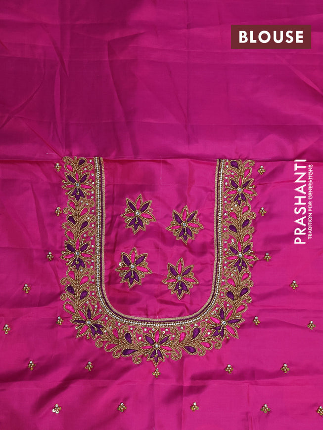 Pure kanchipuram silk saree blue and pink with paisley zari woven buttas and zari woven border & embroidery work blouse