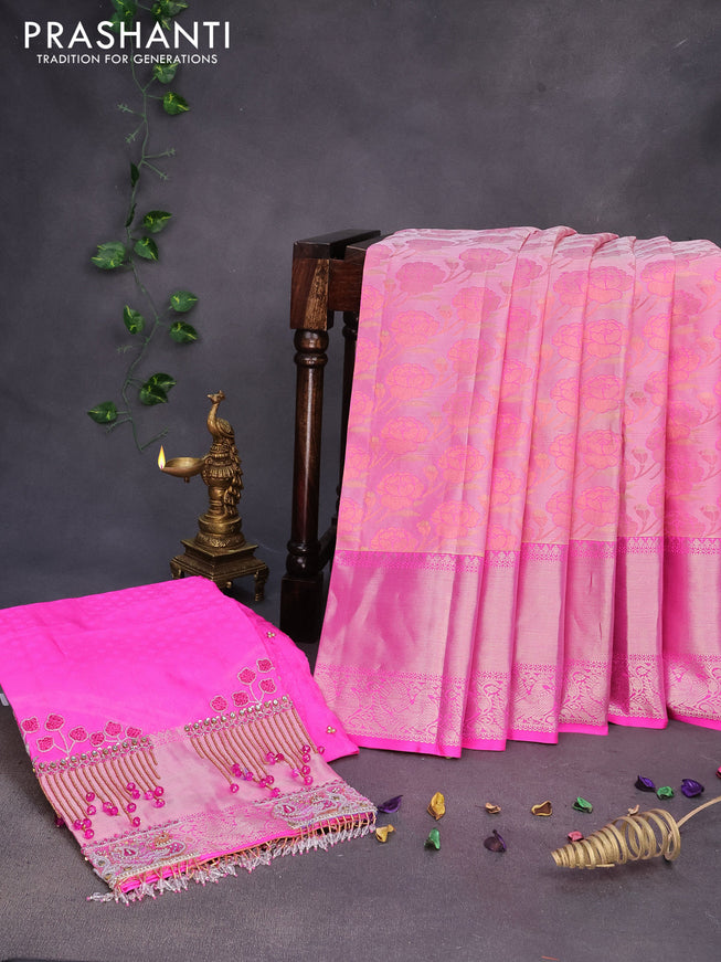 Pure kanchipuram silk saree candy pink with allover floral design zari weaves and silver zari woven border & embroidery work blouse