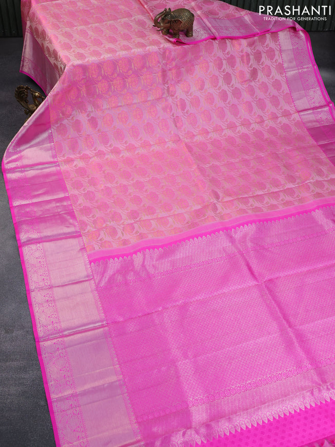 Pure kanchipuram silk saree candy pink with allover floral design zari weaves and silver zari woven border & embroidery work blouse