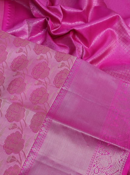 Pure kanchipuram silk saree candy pink with allover floral design zari weaves and silver zari woven border & embroidery work blouse