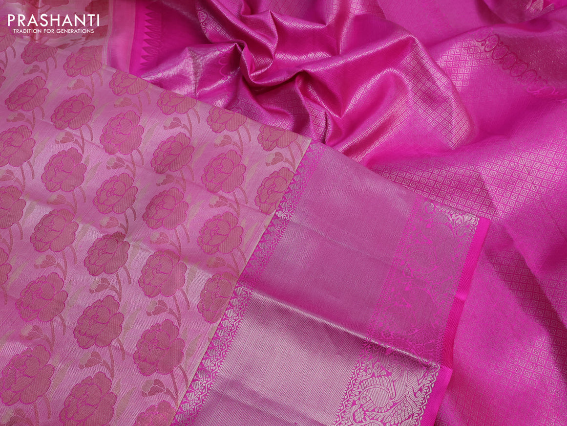 Pure kanchipuram silk saree candy pink with allover floral design zari weaves and silver zari woven border & embroidery work blouse