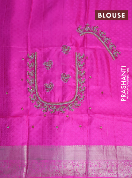 Pure kanchipuram silk saree candy pink with allover floral design zari weaves and silver zari woven border & embroidery work blouse