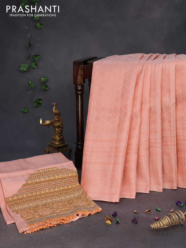 Pure kanchipuram silk saree peach shade with allover copper zari woven brocade weaves and copper zari woven border & embroidery work blouse