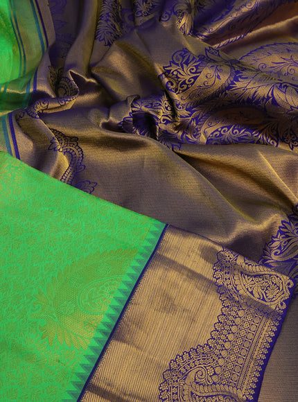 Pure kanchipuram silk saree light green and dark blue with allover zari woven brocade weaves and zari woven border & embroidery work blouse