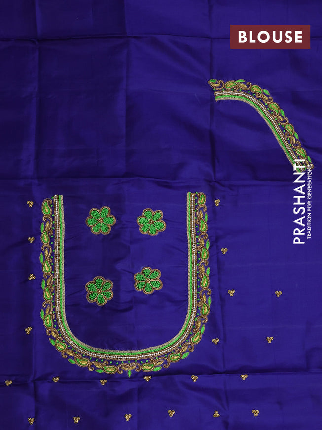 Pure kanchipuram silk saree light green and dark blue with allover zari woven brocade weaves and zari woven border & embroidery work blouse