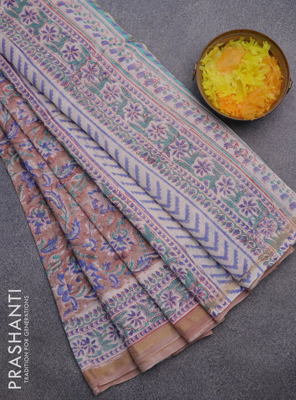 Chanderi bagru saree pastel brown with allover floral prints and small zari woven border