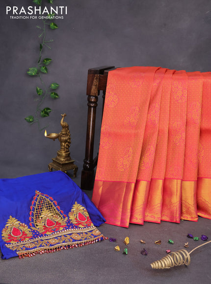 Pure kanchipuram silk saree dual shade of pink with allover zari woven brocade weaves and zari woven border & embroidery work blouse