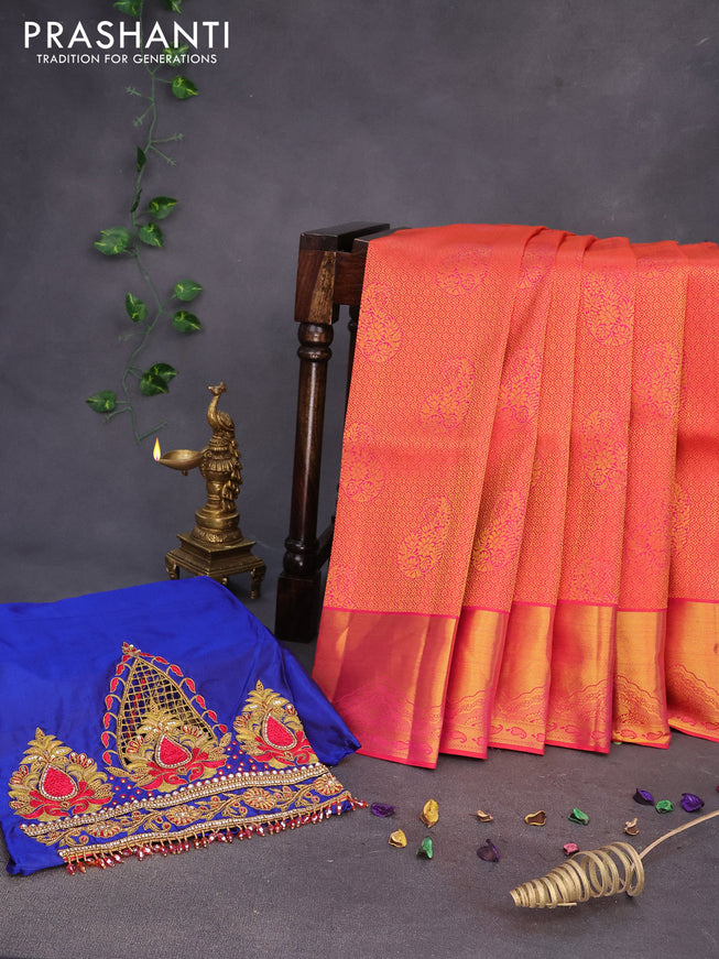 Pure kanchipuram silk saree dual shade of pink with allover zari woven brocade weaves and zari woven border & embroidery work blouse