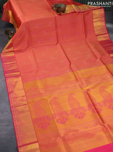 Pure kanchipuram silk saree dual shade of pink with allover zari woven brocade weaves and zari woven border & embroidery work blouse