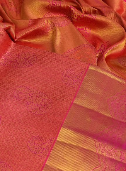 Pure kanchipuram silk saree dual shade of pink with allover zari woven brocade weaves and zari woven border & embroidery work blouse