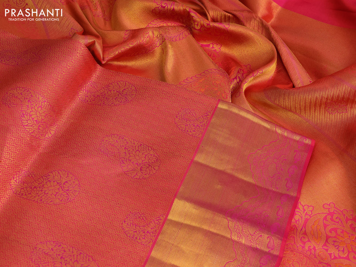 Pure kanchipuram silk saree dual shade of pink with allover zari woven brocade weaves and zari woven border & embroidery work blouse