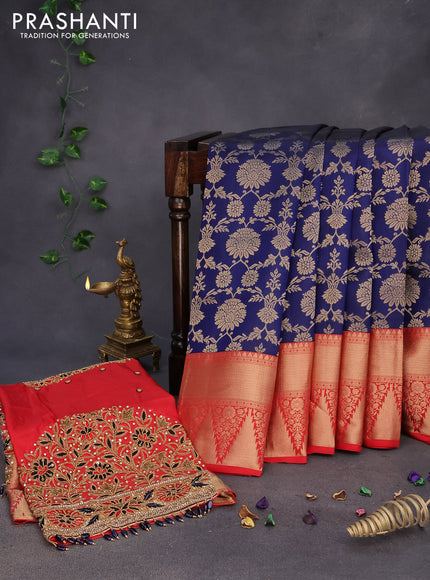 Pure kanchipuram silk saree dark blue and red with allover zari woven brocade weaves and long zari woven border & embroidery work blouse