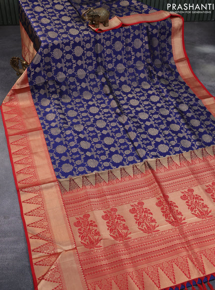 Pure kanchipuram silk saree dark blue and red with allover zari woven brocade weaves and long zari woven border & embroidery work blouse