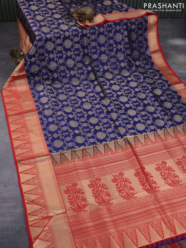 Pure kanchipuram silk saree dark blue and red with allover zari woven brocade weaves and long zari woven border & embroidery work blouse