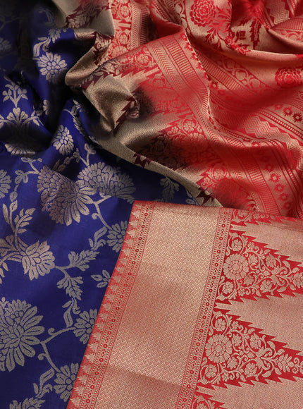 Pure kanchipuram silk saree dark blue and red with allover zari woven brocade weaves and long zari woven border & embroidery work blouse