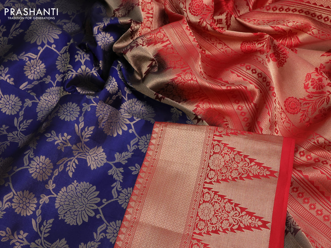 Pure kanchipuram silk saree dark blue and red with allover zari woven brocade weaves and long zari woven border & embroidery work blouse