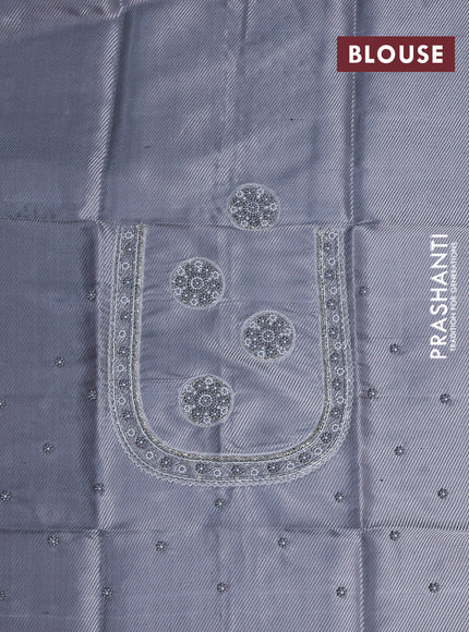 Pure kanchipuram silk saree grey with allover silver zari woven brocade weaves and silver zari woven border& embroidery work blouse