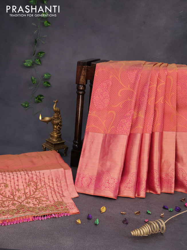 Pure kanchipuram silk saree dual shade of pinkish yellow with allover zari woven brocade weaves and long zari woven border & embroidery work blouse