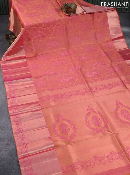 Pure kanchipuram silk saree dual shade of pinkish yellow with allover zari woven brocade weaves and long zari woven border & embroidery work blouse