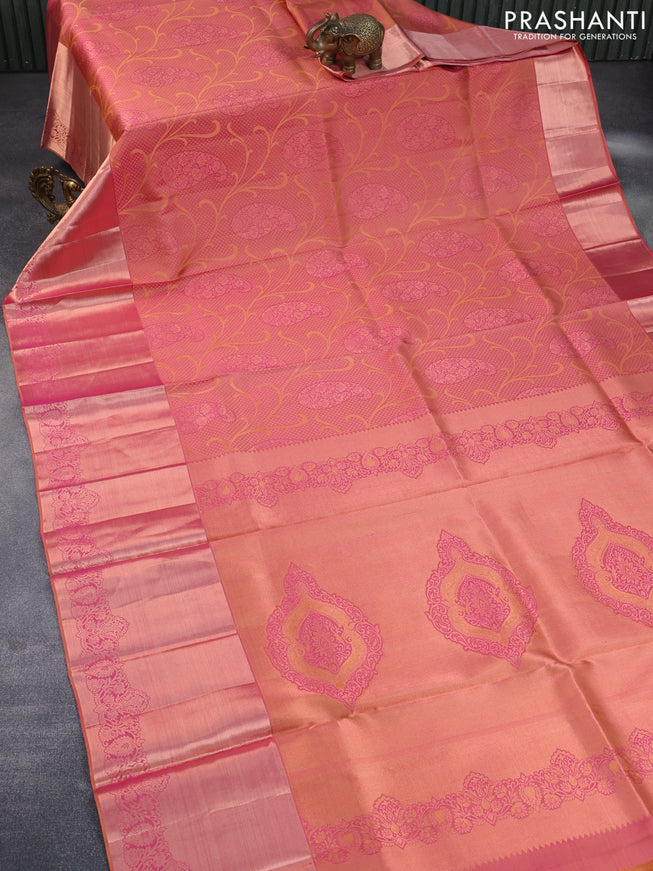 Pure kanchipuram silk saree dual shade of pinkish yellow with allover zari woven brocade weaves and long zari woven border & embroidery work blouse