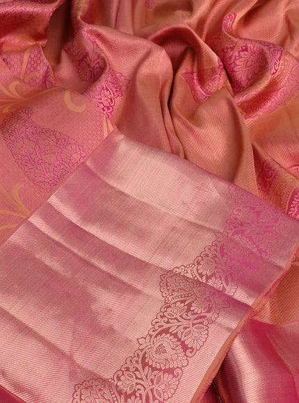 Pure kanchipuram silk saree dual shade of pinkish yellow with allover zari woven brocade weaves and long zari woven border & embroidery work blouse