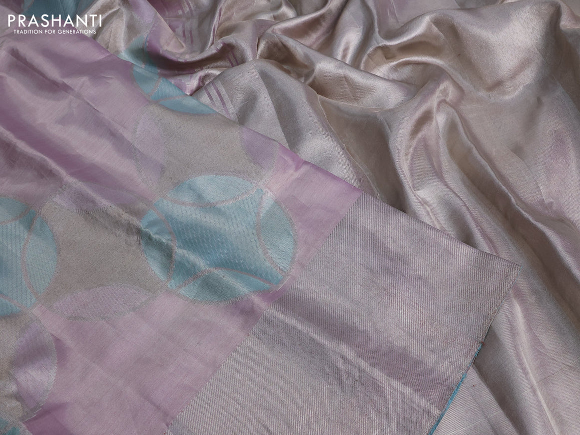 Pure kanchipuram tissue silk saree pastel pink with allover zari weaves and silver zari woven border