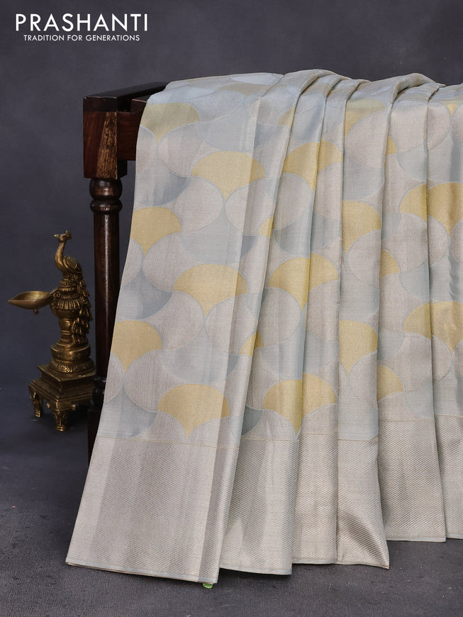 Pure kanchipuram tissue silk saree grey with allover geometric zari weaves and silver zari woven border