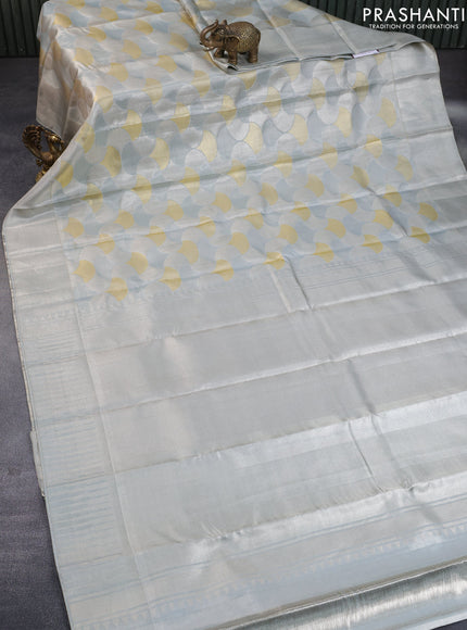 Pure kanchipuram tissue silk saree grey with allover geometric zari weaves and silver zari woven border