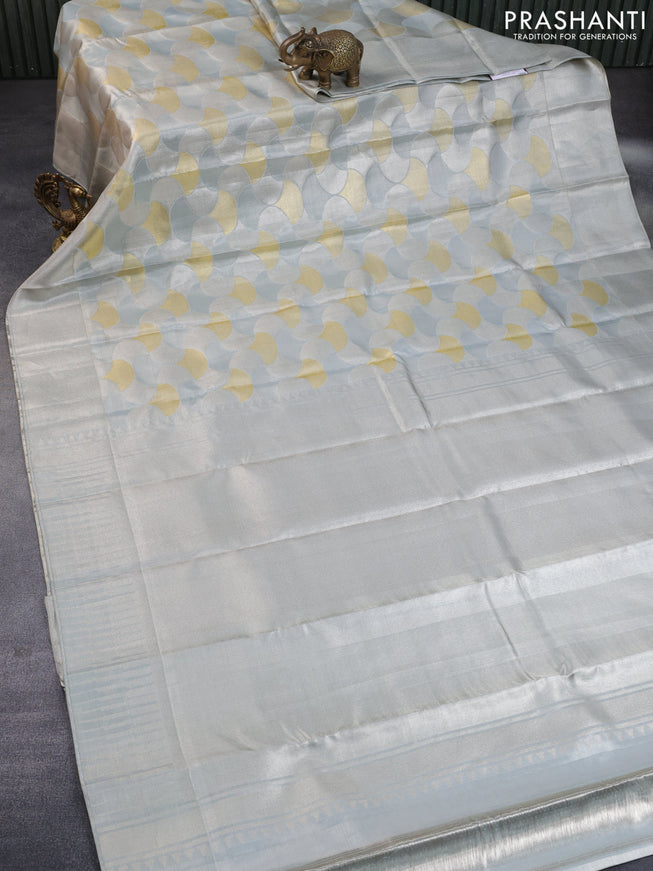 Pure kanchipuram tissue silk saree grey with allover geometric zari weaves and silver zari woven border