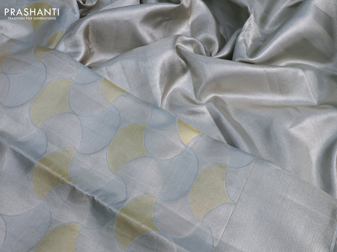 Pure kanchipuram tissue silk saree grey with allover geometric zari weaves and silver zari woven border