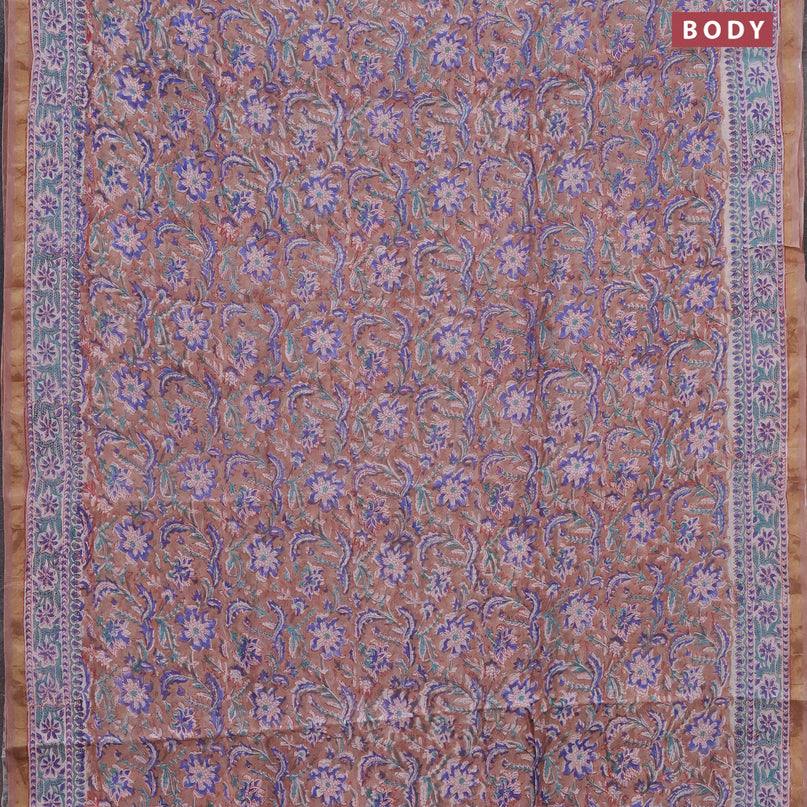 Chanderi bagru saree pastel brown with allover floral prints and small zari woven border