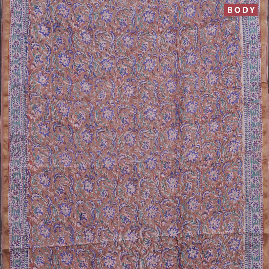 Chanderi bagru saree pastel brown with allover floral prints and small zari woven border