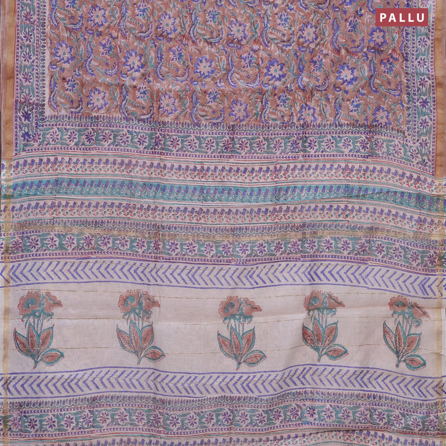 Chanderi bagru saree pastel brown with allover floral prints and small zari woven border