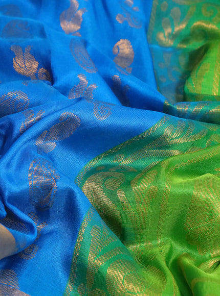 Pure uppada silk saree cs blue and parrot green with allover zari woven paisley buttas and long zari woven border