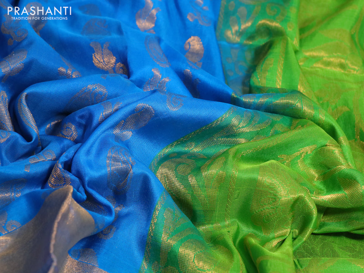 Pure uppada silk saree cs blue and parrot green with allover zari woven paisley buttas and long zari woven border