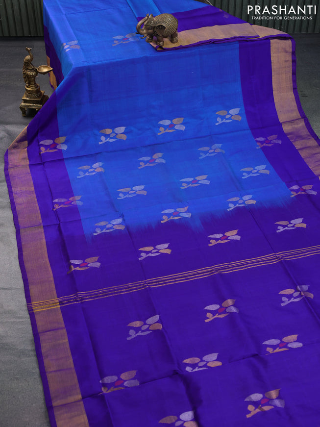 Pure uppada silk saree dual shade of blue and blue with jamdhani buttas and zari woven border & jamdhani design pallu