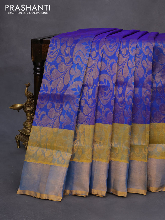 Pure uppada silk saree blue and yellow with allover zari woven brocade weaves and long zari woven border