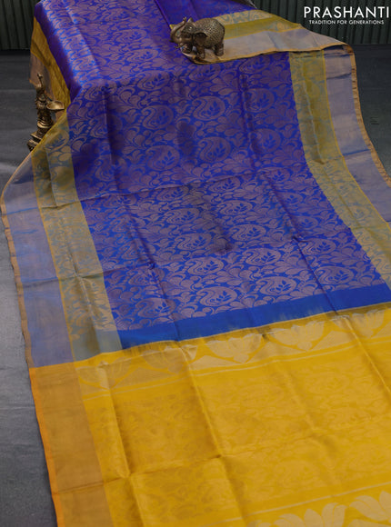 Pure uppada silk saree blue and yellow with allover zari woven brocade weaves and long zari woven border