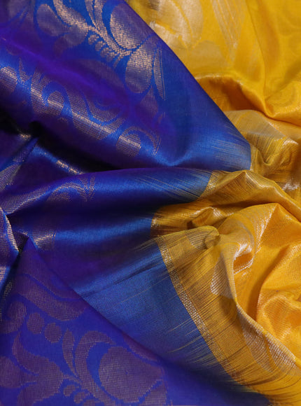 Pure uppada silk saree blue and yellow with allover zari woven brocade weaves and long zari woven border