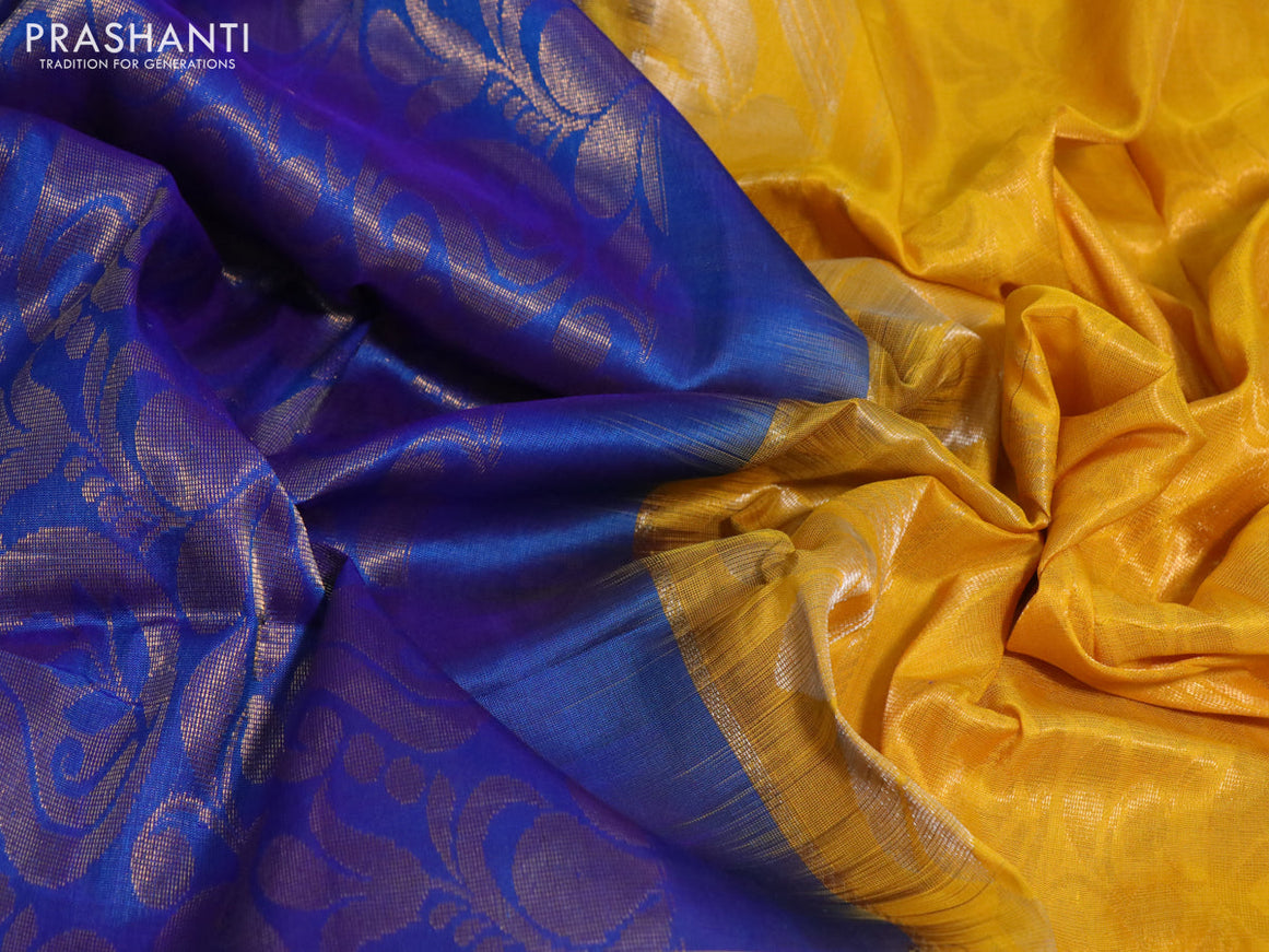 Pure uppada silk saree blue and yellow with allover zari woven brocade weaves and long zari woven border