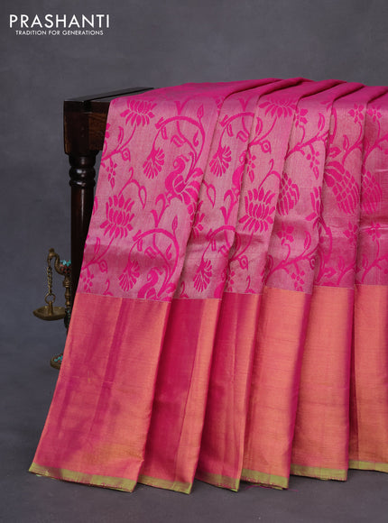 Pure uppada silk saree magenta pink and parrot green with allover silver zari woven brocade weaves and long zari woven border