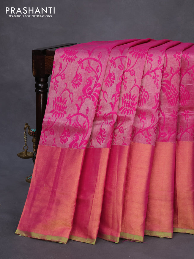 Pure uppada silk saree magenta pink and parrot green with allover silver zari woven brocade weaves and long zari woven border