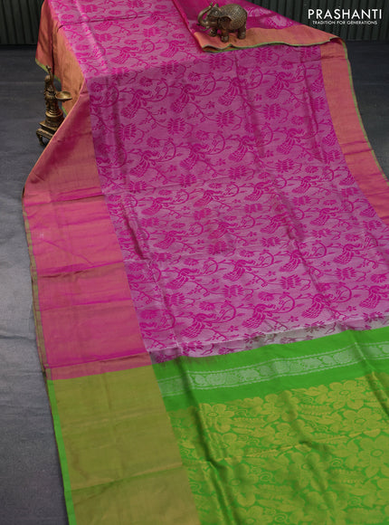 Pure uppada silk saree magenta pink and parrot green with allover silver zari woven brocade weaves and long zari woven border