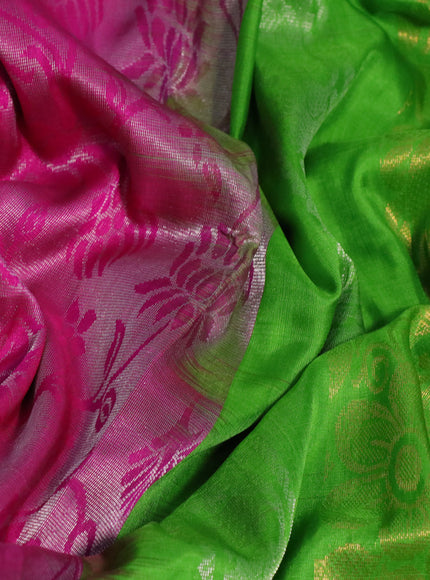 Pure uppada silk saree magenta pink and parrot green with allover silver zari woven brocade weaves and long zari woven border