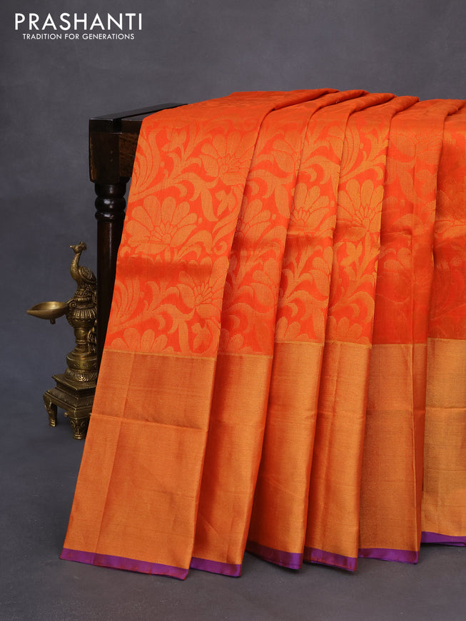 Pure uppada silk saree orange and blue with allover zari woven brocade weaves and long zari woven border