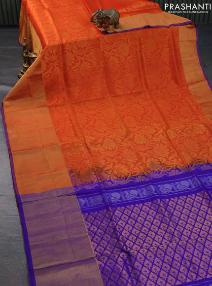 Pure uppada silk saree orange and blue with allover zari woven brocade weaves and long zari woven border